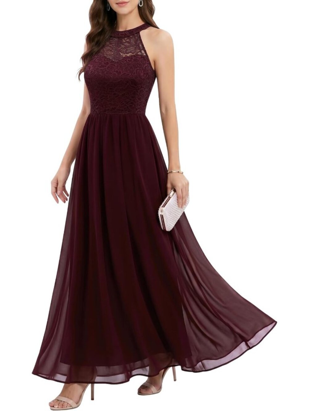 Burgundy Floral Lace Halter Long Formal Prom Bridesmaid Dress Sz XS-3X